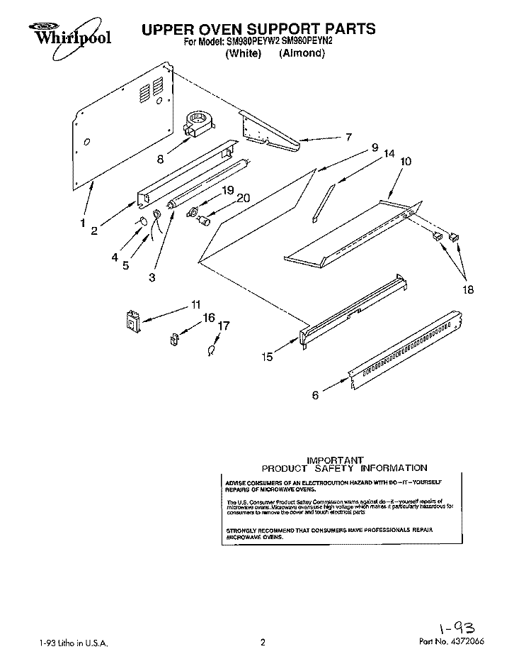 UPPER OVEN SUPPORT Diagram and Parts List for SM980PEYN2  Whirlpool Microwave Oven Combo