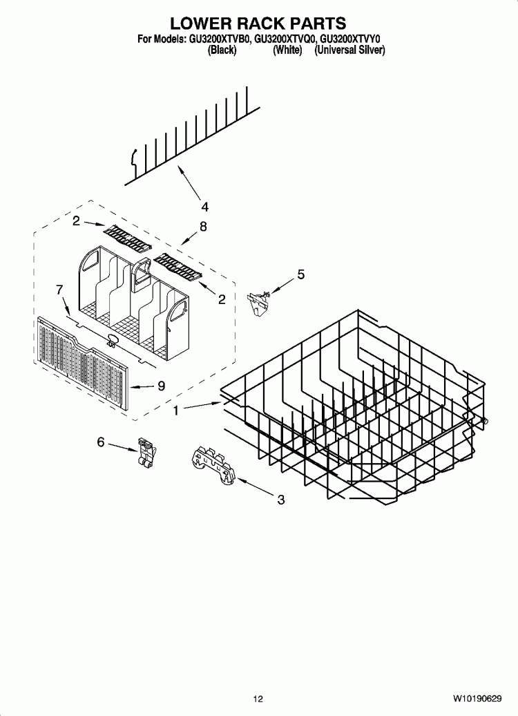 LOWER RACK PARTS Diagram and Parts List for GU3200XTVB0  Whirlpool Dishwasher