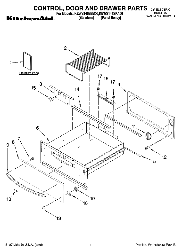 CONTROL, DOOR AND DRAWER PARTS Diagram and Parts List for KEWS145SPA00  KitchenAid Warming Drawer