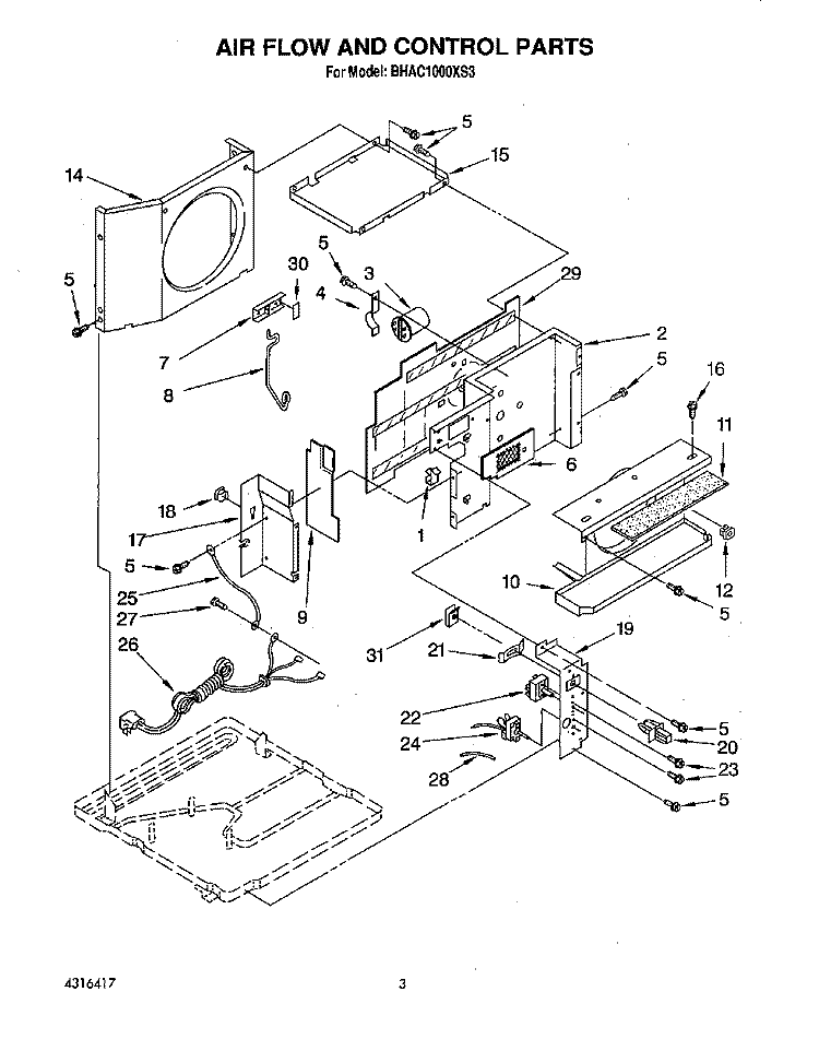 AIR FLOW AND CONTROL Diagram and Parts List for BHAC1000XS3  Whirlpool Air Conditioner