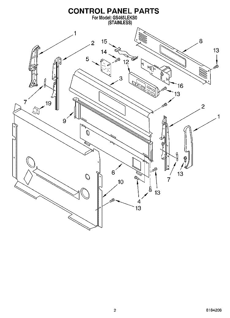 CONTROL PANEL Diagram and Parts List for GS465LEKS0  Whirlpool Range