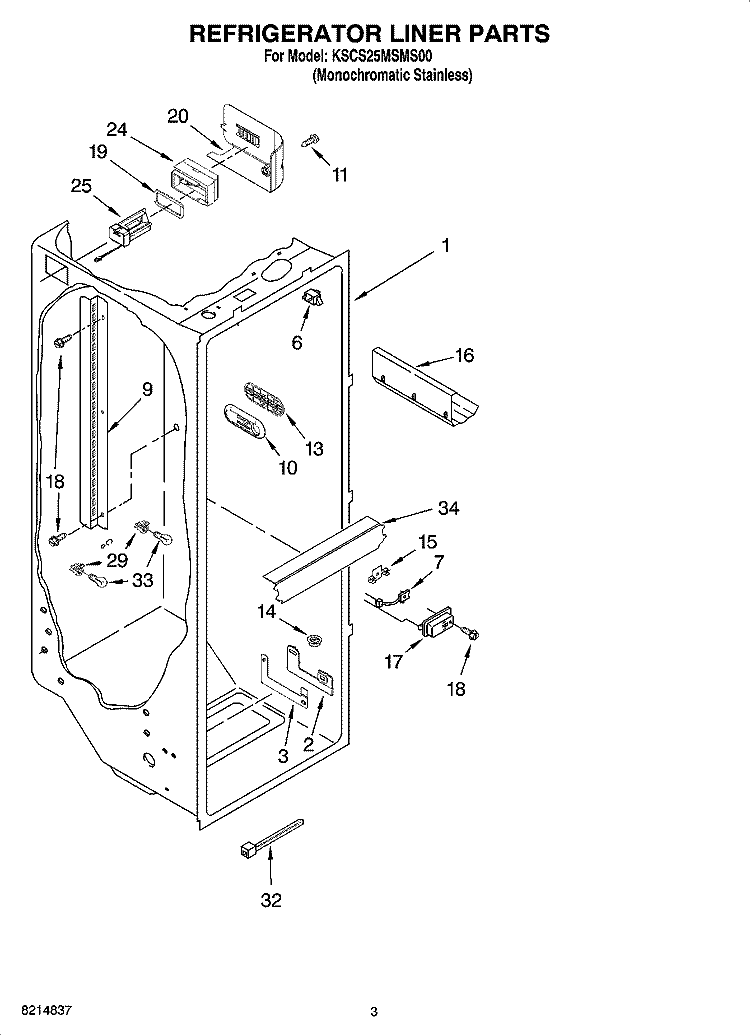 REFRIGERATOR LINER PARTS Diagram and Parts List for KSCS25MSMS00  KitchenAid Refrigerator