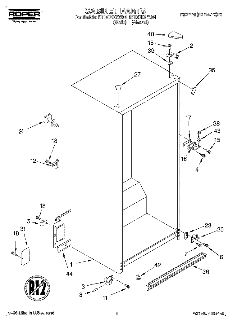 CABINET Diagram and Parts List for RT18DKXEW04  Roper Refrigerator