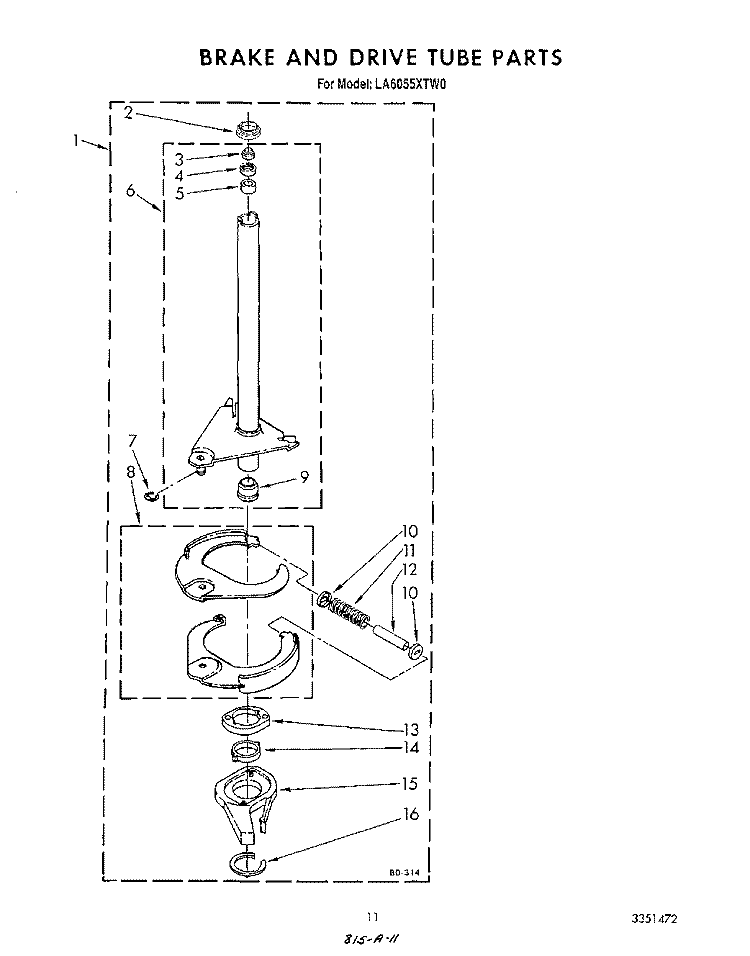 BRAKE AND DRIVE TUBE Diagram and Parts List for LA6055XTF0  Whirlpool Washer