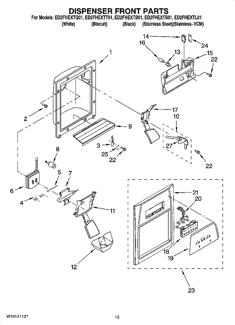 DISPENSER FRONT PARTS Diagram and Parts List for ED2FHEXTQ01  Whirlpool Refrigerator
