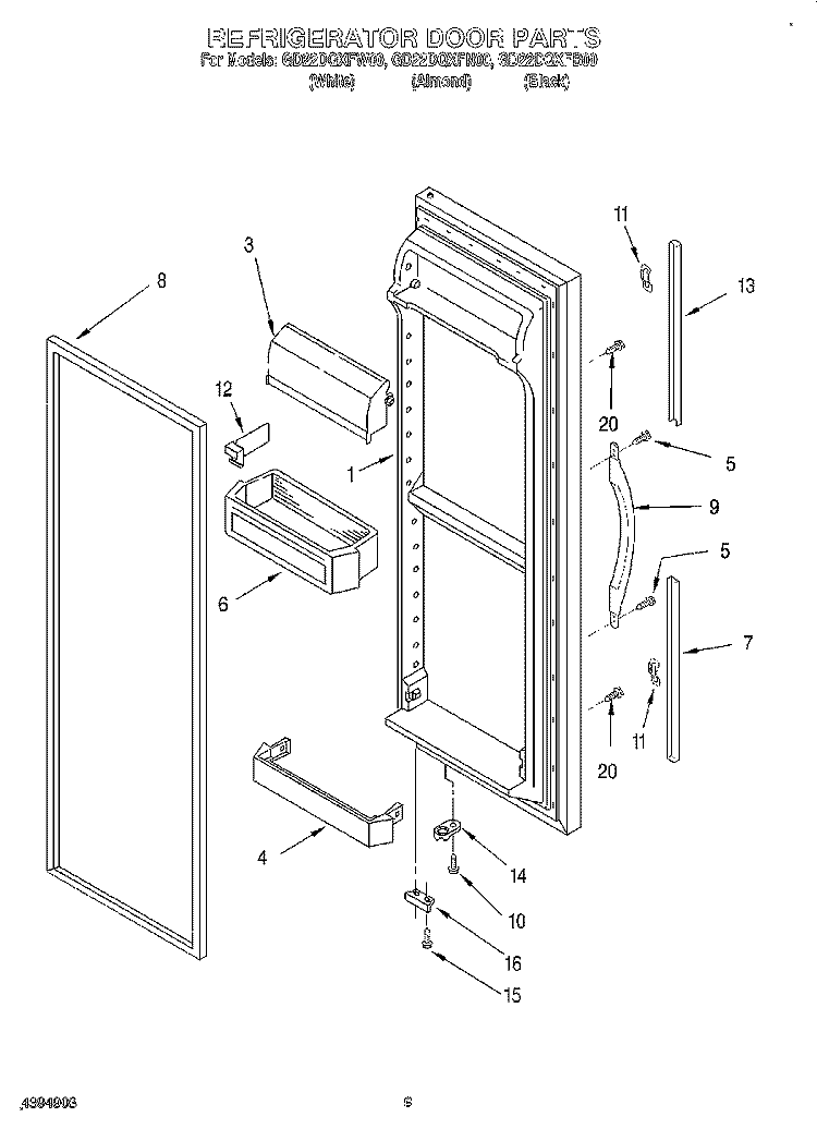 REFRIGERATOR DOOR Diagram and Parts List for GD22DQXFB00  Whirlpool Refrigerator