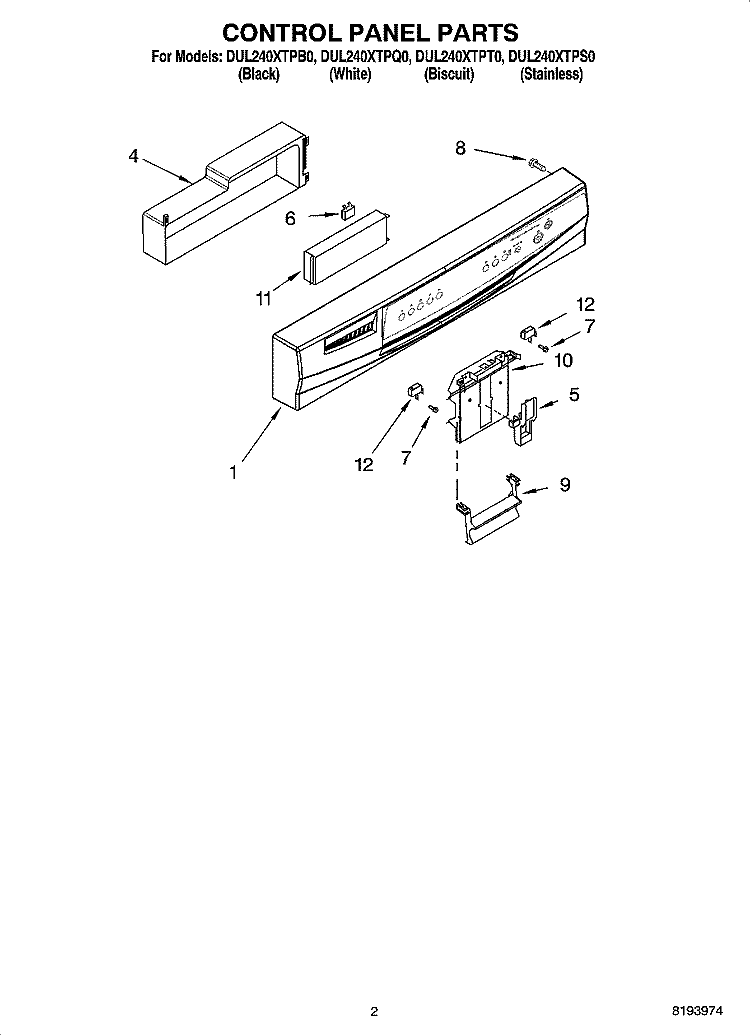 CONTROL PANEL PARTS Diagram and Parts List for DUL240XTPQ0  Whirlpool Dishwasher