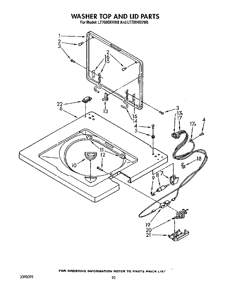 WASHER TOP AND LID Diagram and Parts List for LT7000XVW0  Whirlpool Washer Dryer Combo