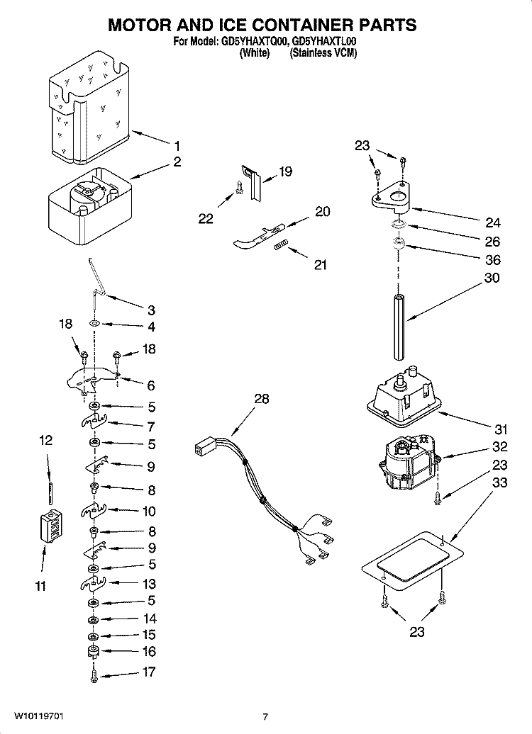 MOTOR AND ICE CONTAINER PARTS Diagram and Parts List for GD5YHAXTL00  Whirlpool Refrigerator