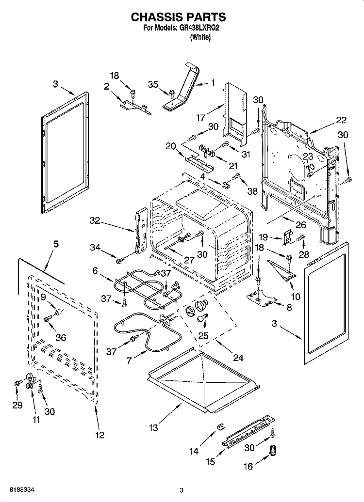 CHASSIS PARTS Diagram and Parts List for GR438LXRQ2  Whirlpool Range
