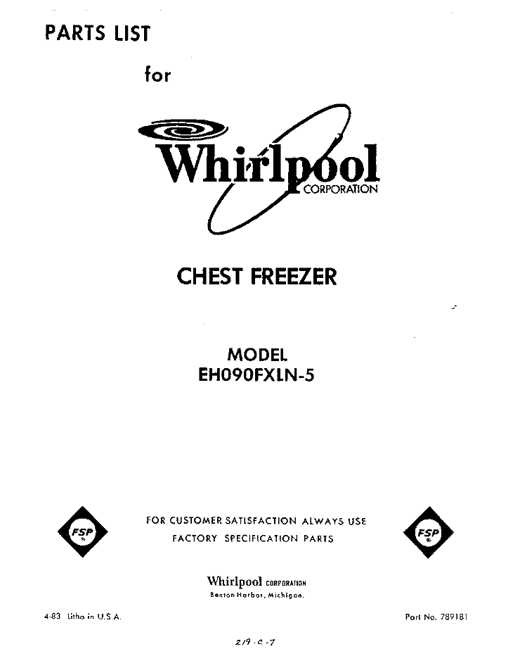 SECTION Diagram and Parts List for EH090FXLN5  Whirlpool Freezer