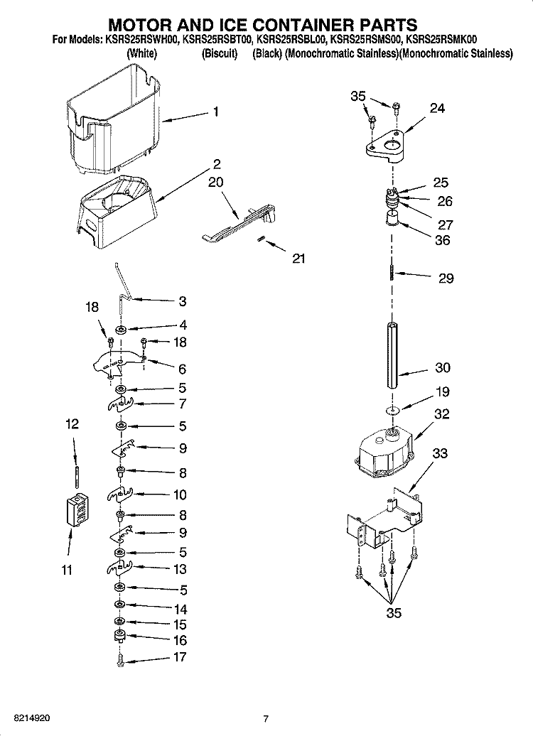 MOTOR AND ICE CONTAINER PARTS Diagram and Parts List for KSRS25RSBL00  KitchenAid Refrigerator