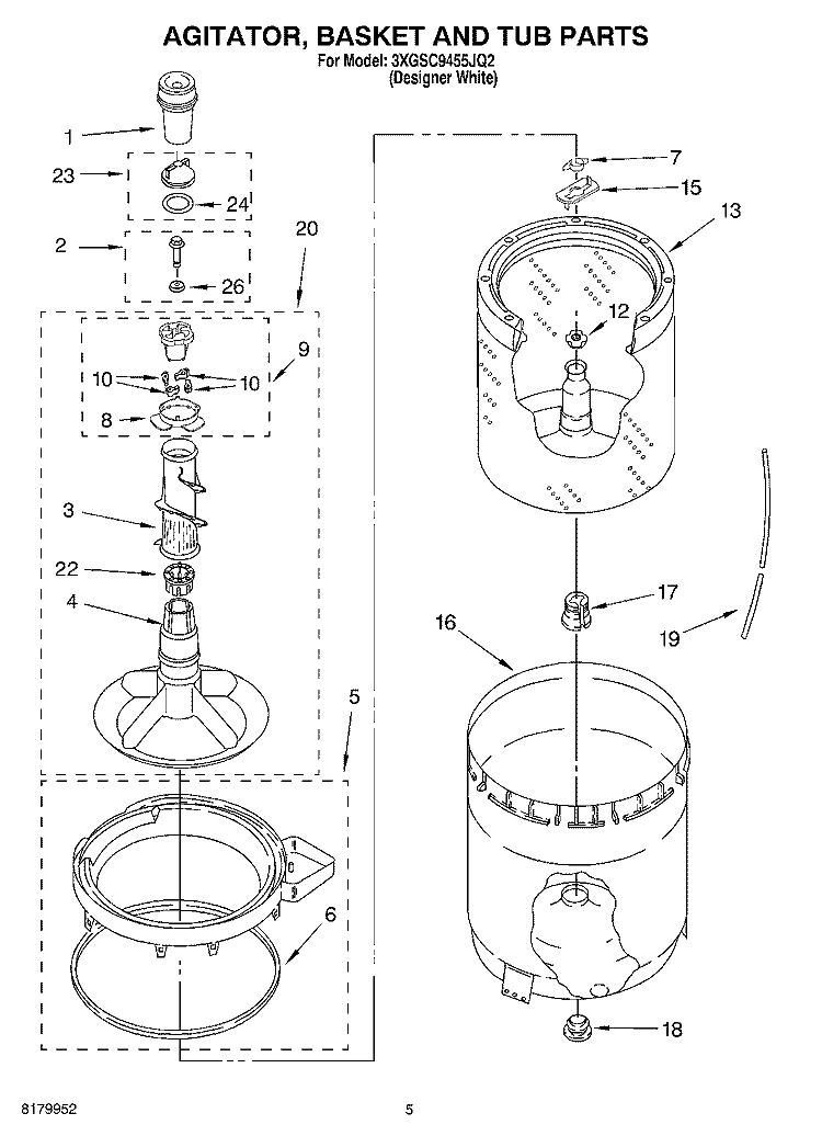 AGITATOR, BASKET AND TUB PARTS Diagram and Parts List for 3XGSC9455JQ2  Whirlpool Washer