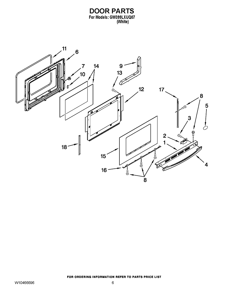 DOOR PARTS Diagram and Parts List for GW399LXUQ07  Whirlpool Range