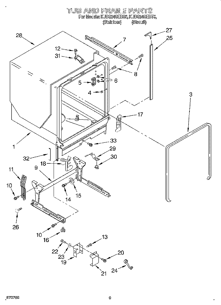 TUB AND FRAME Diagram and Parts List for KUDS24SEBT5  KitchenAid Dishwasher