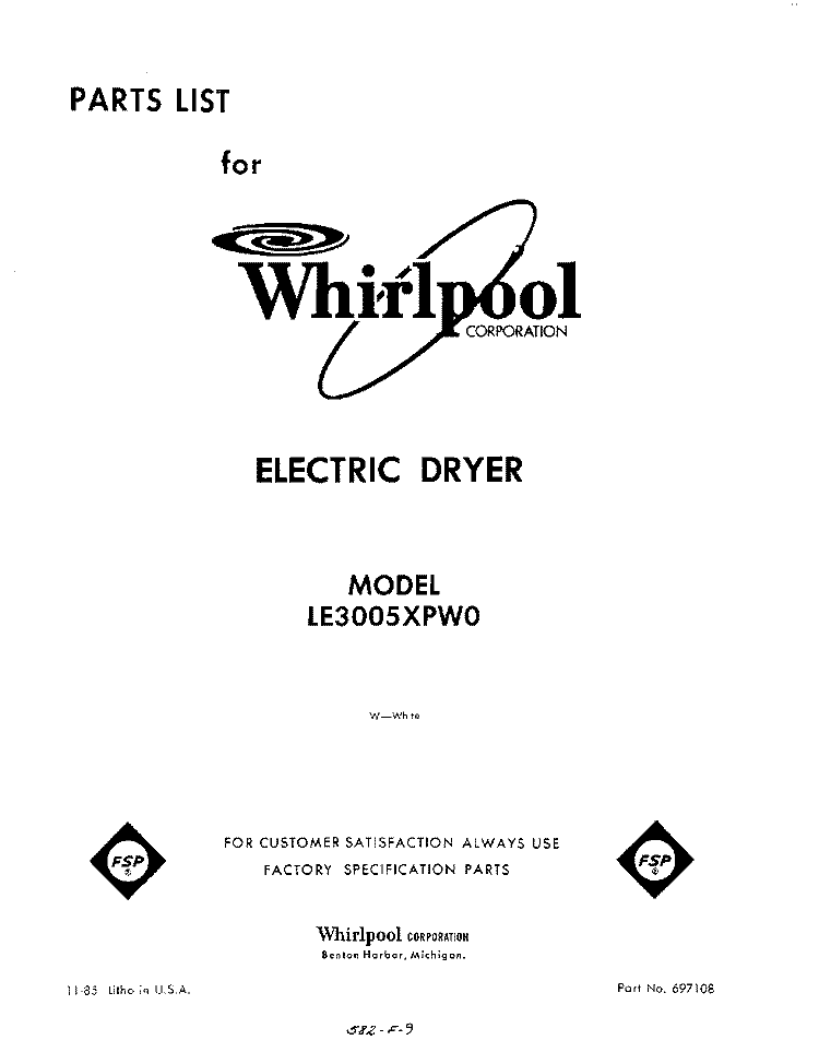 SECTION Diagram and Parts List for LE3005XPW0  Whirlpool Dryer
