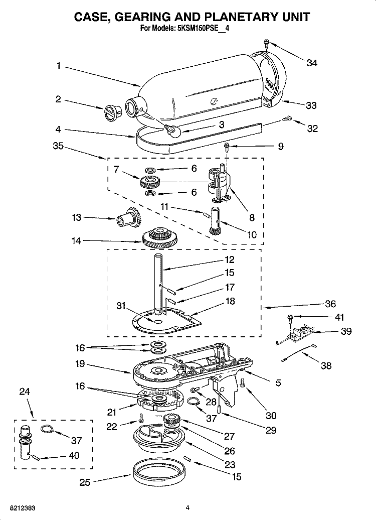 CASE, GEARING AND PLANETARY UNIT Diagram and Parts List for 5KSM150PSEBU4  KitchenAid Mixer