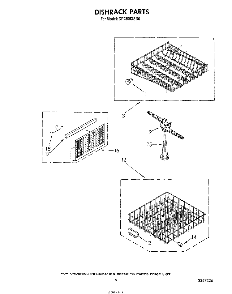 DISHRACK Diagram and Parts List for DP4800XSW0  Whirlpool Dishwasher