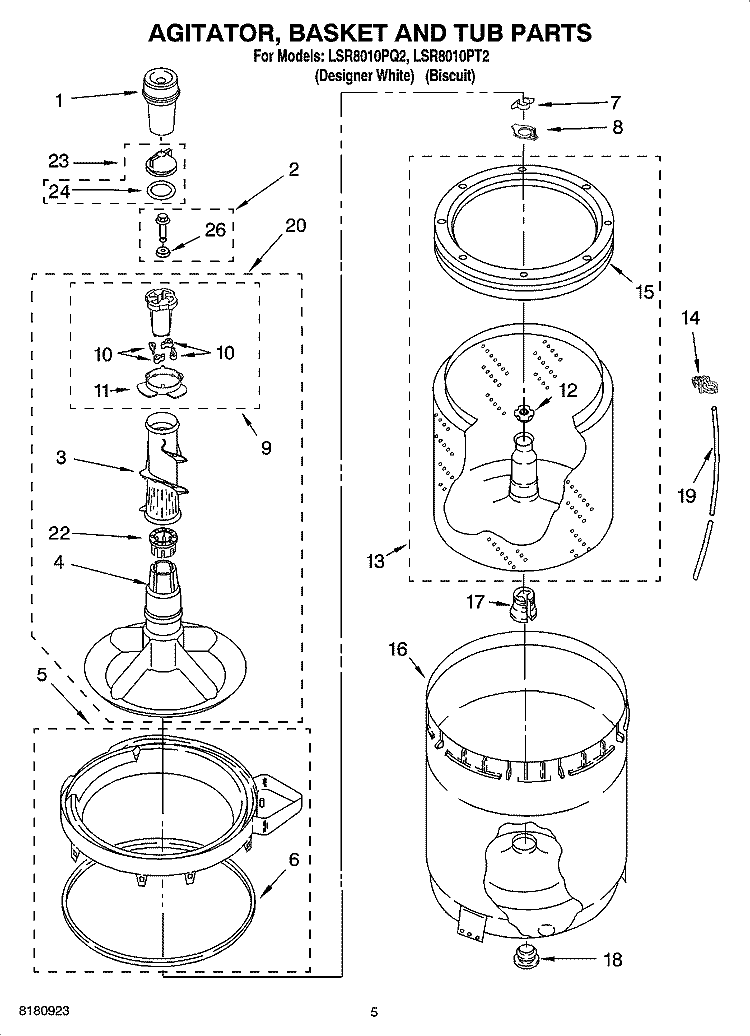 AGITATOR, BASKET AND TUB PARTS Diagram and Parts List for LSR8010PT2  Whirlpool Washer