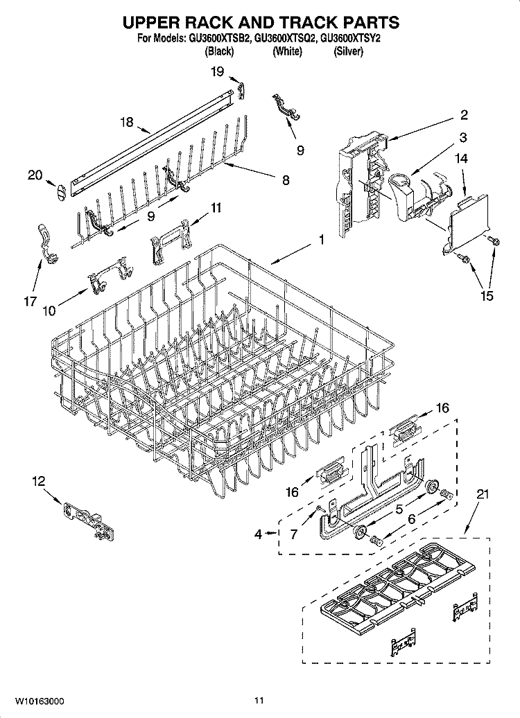 UPPER RACK AND TRACK PARTS Diagram and Parts List for GU3600XTSY2  Whirlpool Dishwasher