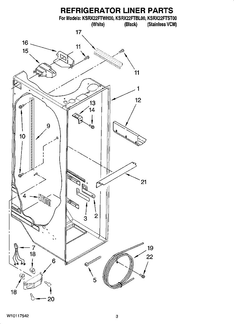 REFRIGERATOR LINER PARTS Diagram and Parts List for KSRX22FTWH00  KitchenAid Refrigerator