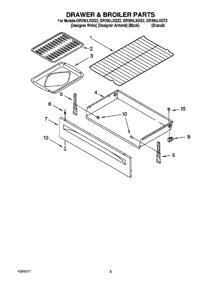 DRAWER & BROILER Diagram and Parts List for GR395LXGT2  Whirlpool Range