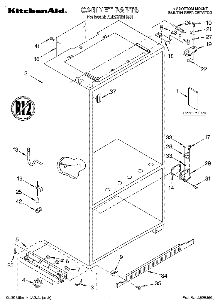 CABINET, LITERATURE Diagram and Parts List for KBLC36MHS01  KitchenAid Refrigerator