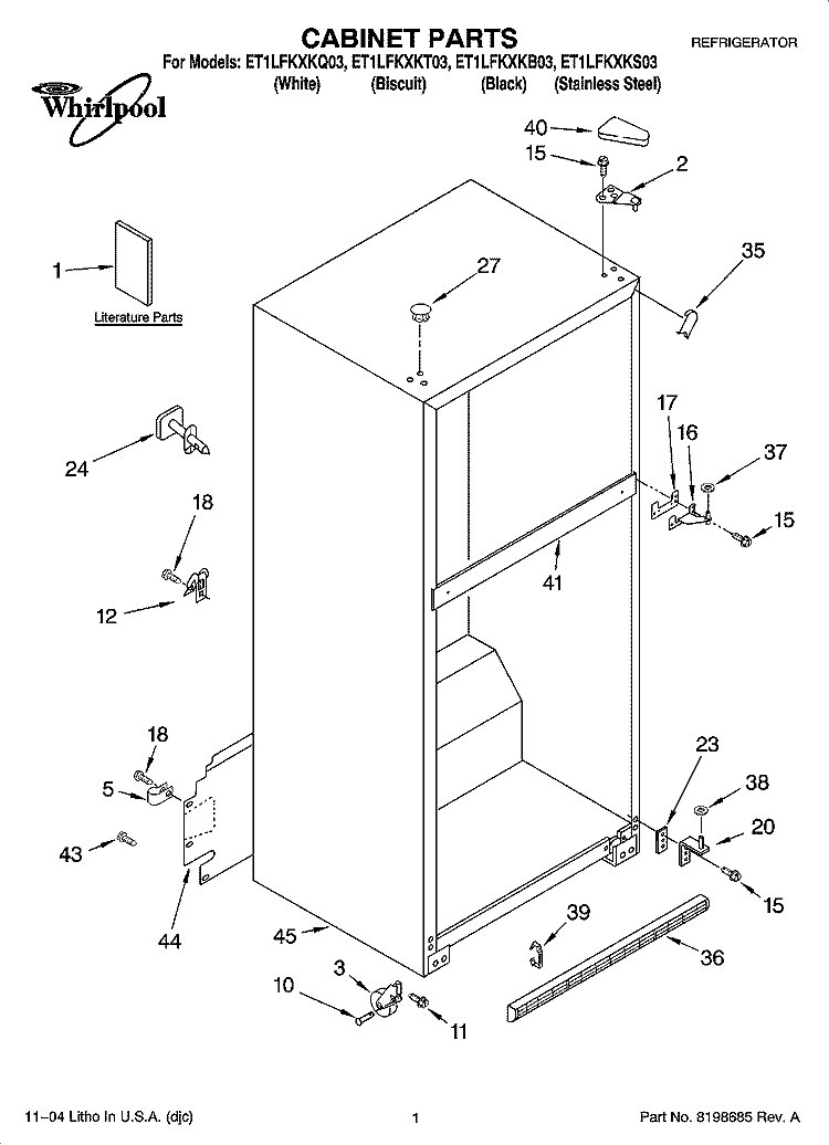 CABINET PARTS Diagram and Parts List for ET1LFKXKT03  Whirlpool Refrigerator