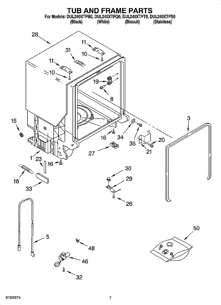 TUB AND FRAME PARTS Diagram and Parts List for DUL240XTPQ0  Whirlpool Dishwasher