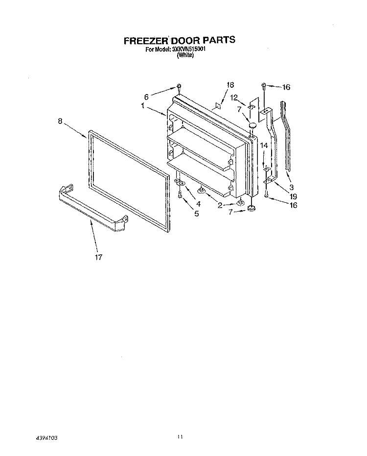 FREEZER DOOR, LIT/OPTIONAL Diagram and Parts List for 3XKVN515001  Whirlpool Refrigerator