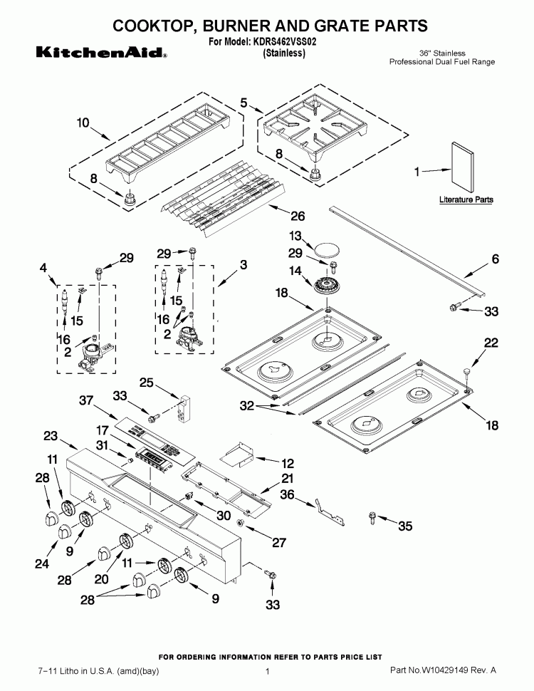 COOKTOP, BURNER AND GRATE PARTS Diagram and Parts List for KDRS462VSS02  KitchenAid Range
