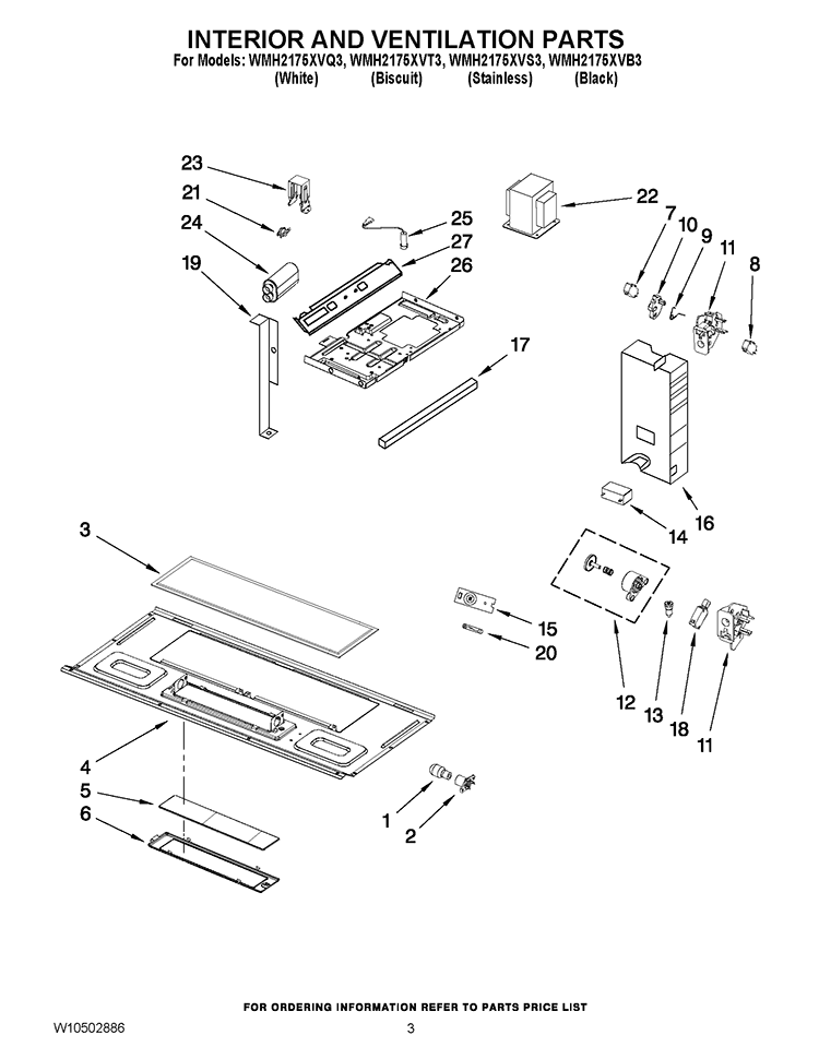 INTERIOR AND VENTILATION PARTS Diagram and Parts List for WMH2175XVQ3  Whirlpool Microwave