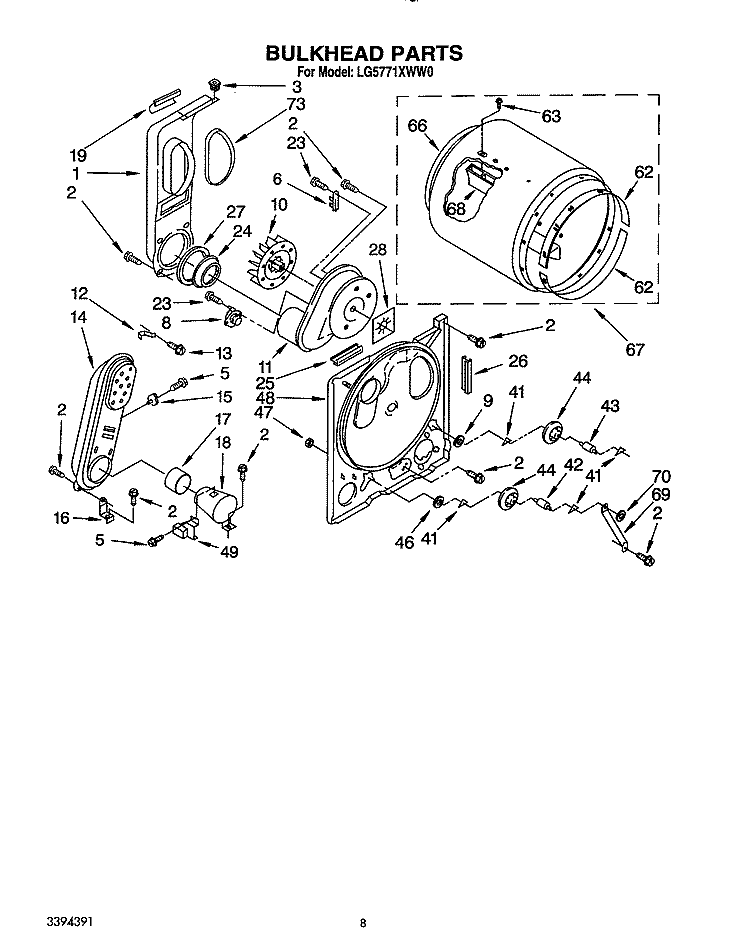 BULKHEAD Diagram and Parts List for LG5771XWN0  Whirlpool Dryer