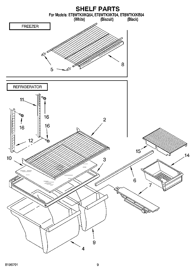 SHELF PARTS, OPTIONAL PARTS Diagram and Parts List for ET8WTKXKQ04  Whirlpool Refrigerator