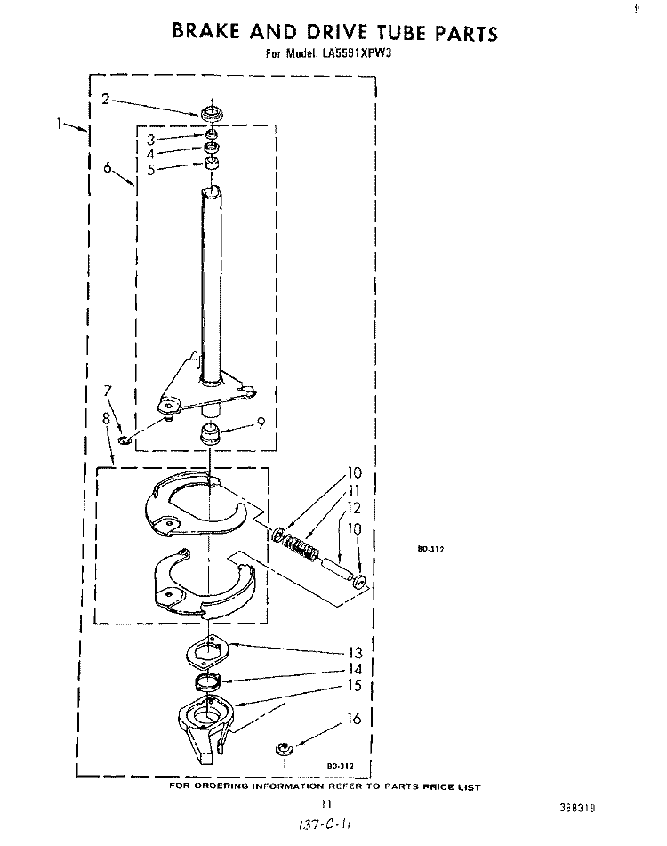 BRAKE AND DRIVE TUBE Diagram and Parts List for LA5591XPW3  Whirlpool Washer