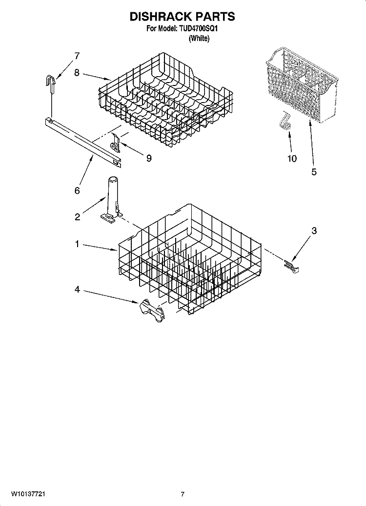 DISHRACK PARTS, OPTIONAL PARTS (NOT INCLUDED) Diagram and Parts List for TUD4700SQ1  Estate Dishwasher
