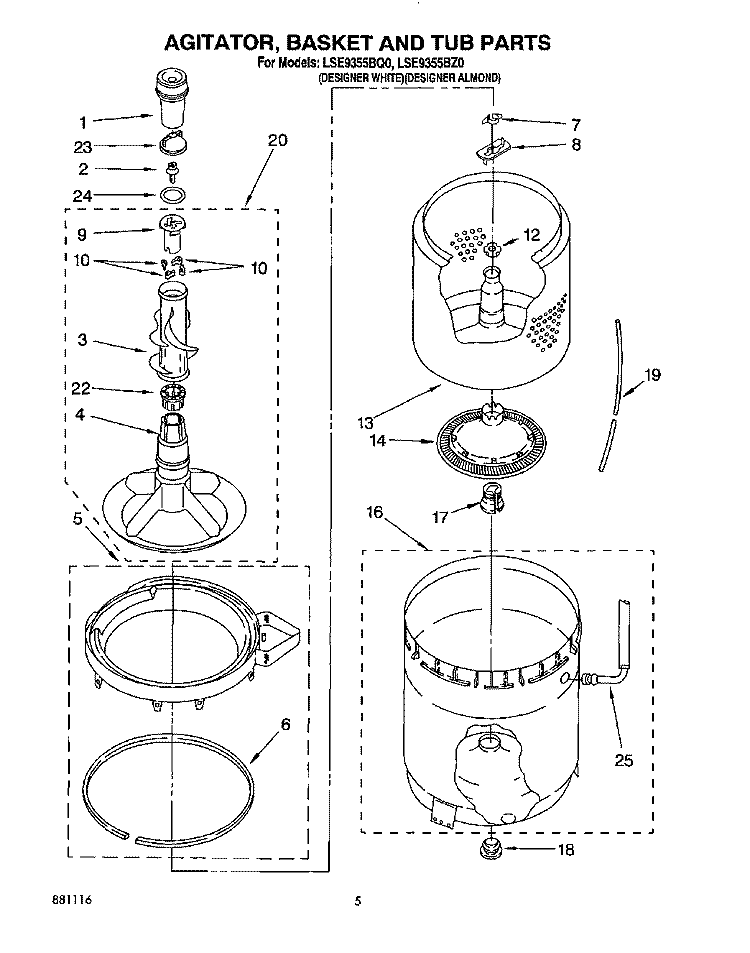 AGITATOR, BASKET AND TUB Diagram and Parts List for LSE9355BQ0  Whirlpool Washer