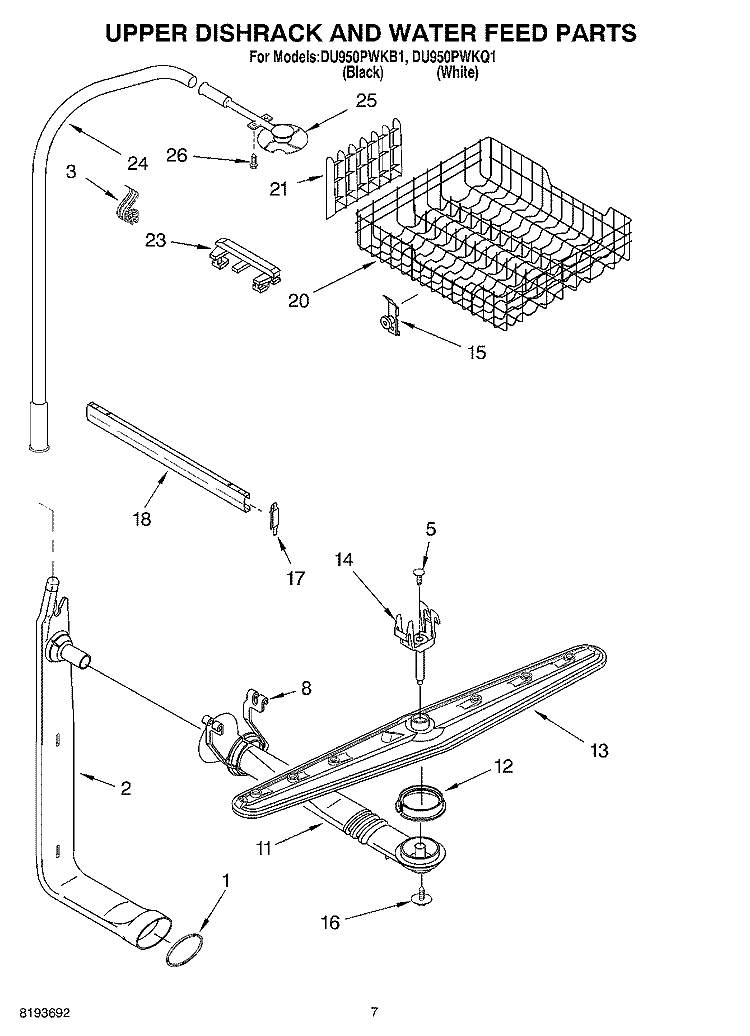 UPPER DISHRACK AND WATER FEED Diagram and Parts List for DU950PWKB1  Whirlpool Dishwasher