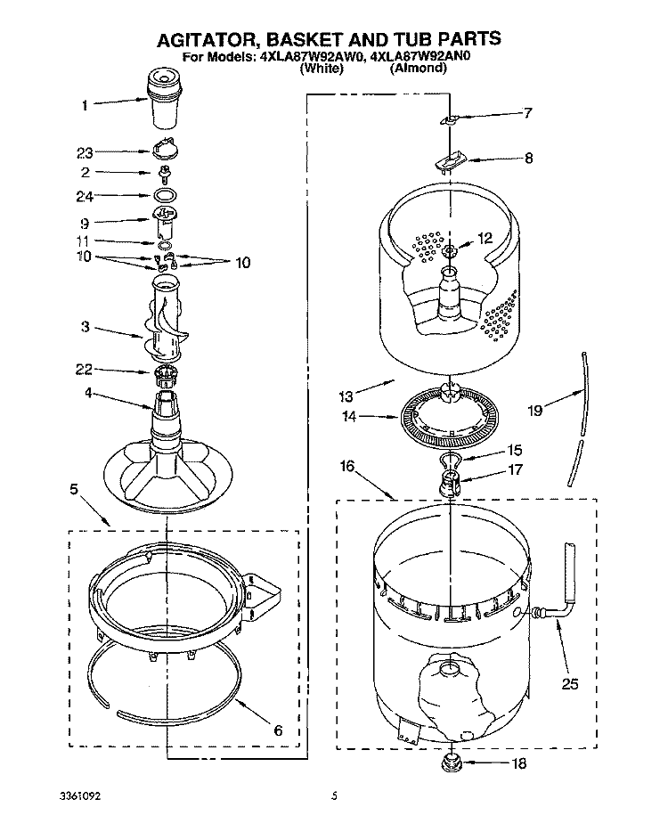 AGITATOR, BASKET AND TUB Diagram and Parts List for 4XLA87W92AW0  Whirlpool Washer