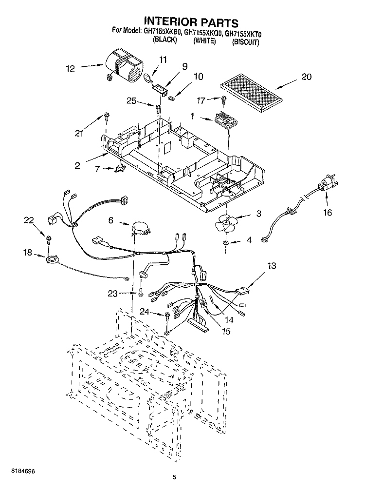 INTERIOR Diagram and Parts List for GH7155XKB0  Whirlpool Microwave
