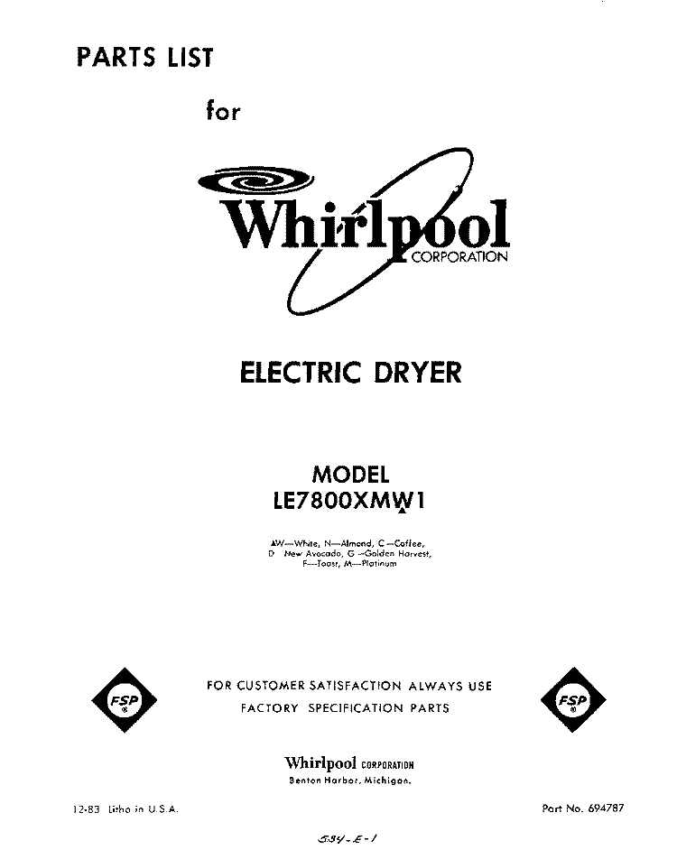 SECTION Diagram and Parts List for LE7800XMW1  Whirlpool Dryer