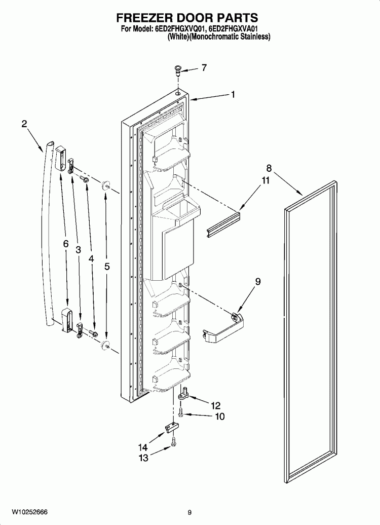 FREEZER DOOR PARTS Diagram and Parts List for 6ED2FHGXVQ01  Whirlpool Refrigerator