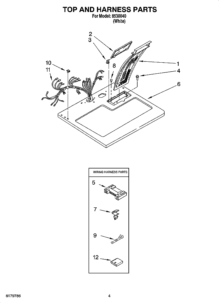 TOP AND HARNESS PARTS Diagram and Parts List for 8530040  Whirlpool Dryer