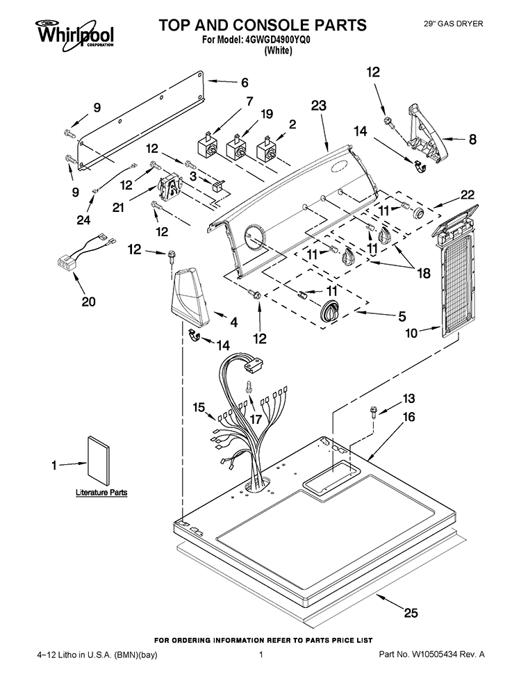 TOP AND CONSOLE PARTS Diagram and Parts List for 4GWGD4900YQ0  Whirlpool Dryer