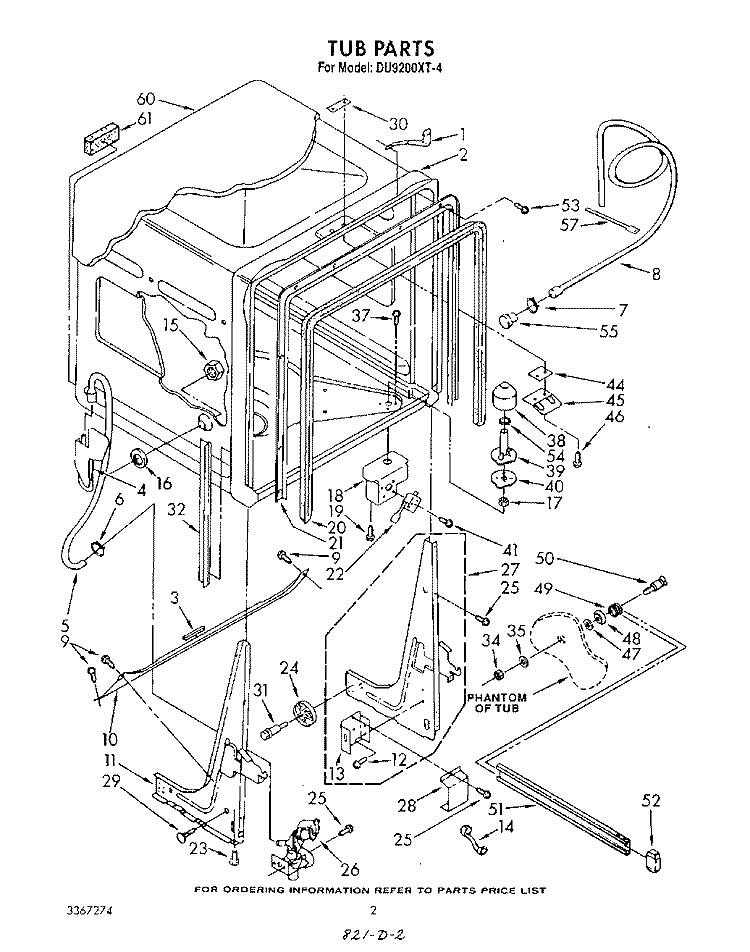 TUB, LITERATURE AND OPTIONAL Diagram and Parts List for DU9200XT4  Whirlpool Dishwasher