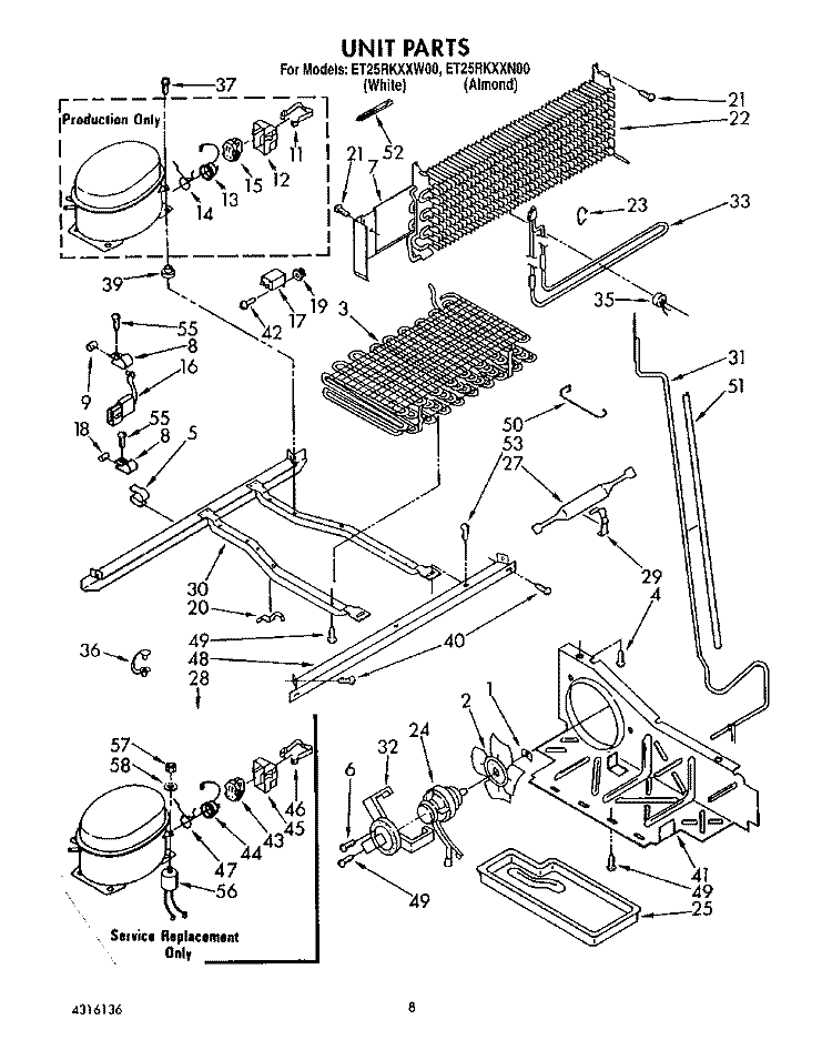 UNIT Diagram and Parts List for ET25RKXXW00  Whirlpool Refrigerator