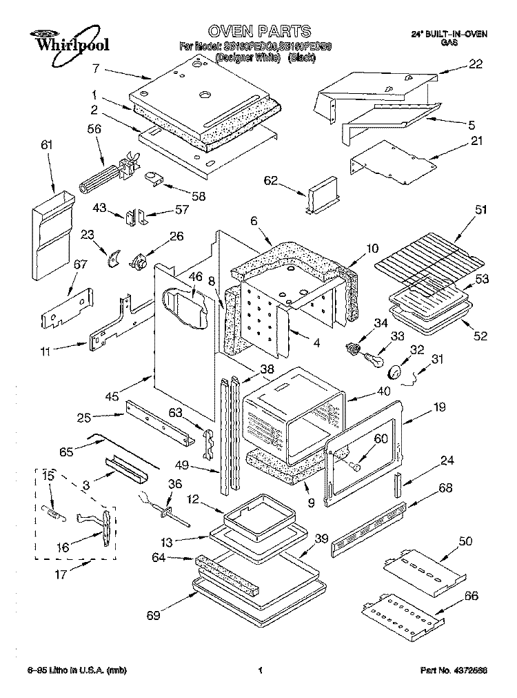 OVEN Diagram and Parts List for SB160PEDQ0  Whirlpool Wall Oven
