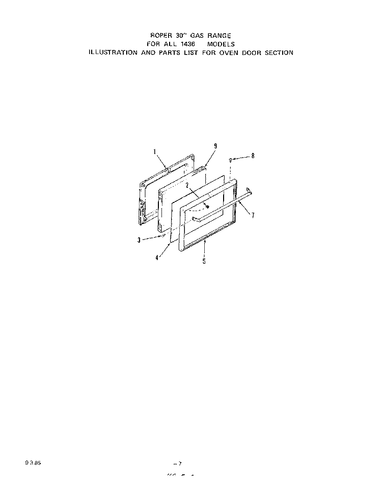 OVEN DOOR Diagram and Parts List for 1436W0A  Roper Range