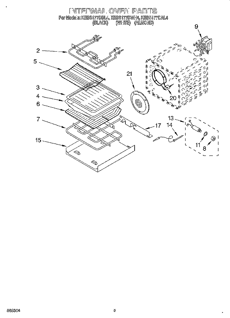 INTERNAL OVEN Diagram and Parts List for KEBS177DWH4  KitchenAid Wall Oven