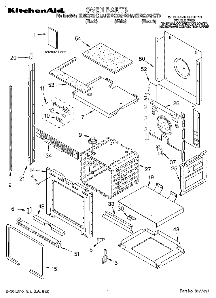 OVEN, LITERATURE Diagram and Parts List for KEMC378HWH0  KitchenAid Microwave Oven Combo